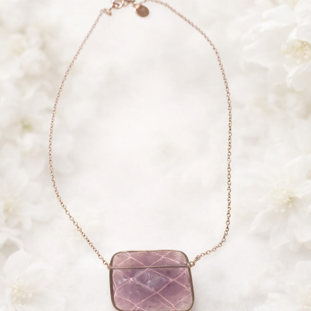 Express Purple Rectangle Glass Pendant Silver Tone Chain Necklace 14 in.Vintage
